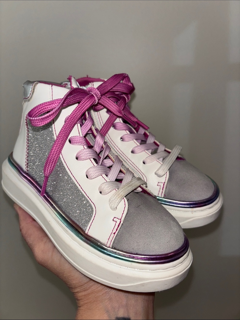 Steve Madden White-Soled High-Top Sneakers with Pink Accents